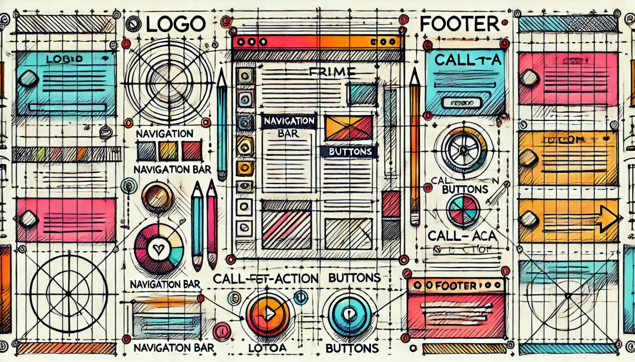 DALL.E-2024-09-13-19.04.55---A-wireframe-layout-of-a-webpage-design-showing-elements-like-a-logo-navigation-bar-call-to-action-CTA-buttons-and-footer-all-arranged-with-hand